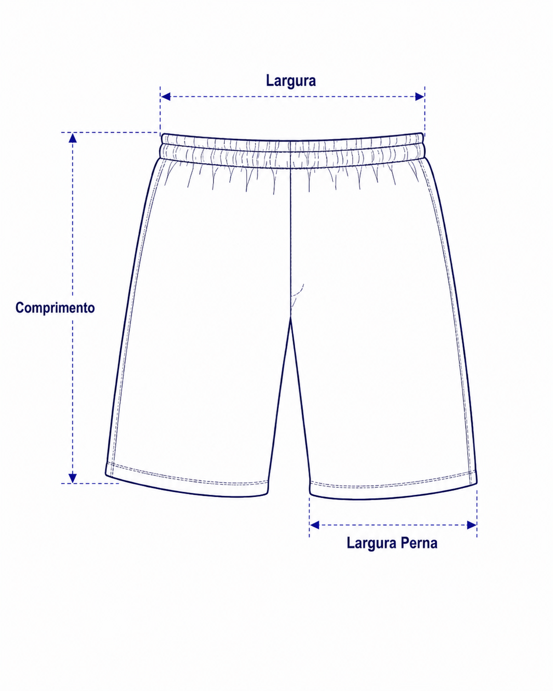 Ilustração técnica frontal de uma bermuda Tactel em azul-marinho, com cós elástico e detalhe lateral decorativo. Linhas de medida indicam a largura da peça, o comprimento e a largura da perna, sobre fundo branco.