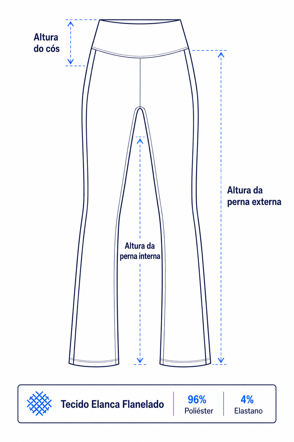 Ilustração explicando como medir uma calça bailarina. A altura do cós corresponde à medida vertical da faixa superior da peça. A altura da perna externa é medida da parte superior do cós até a barra da perna. A altura da perna interna é medida da costura do entrepernas até a barra. Também é apresentada a composição do tecido em Elanca Flanelado: 96% poliéster e 4% elastano.