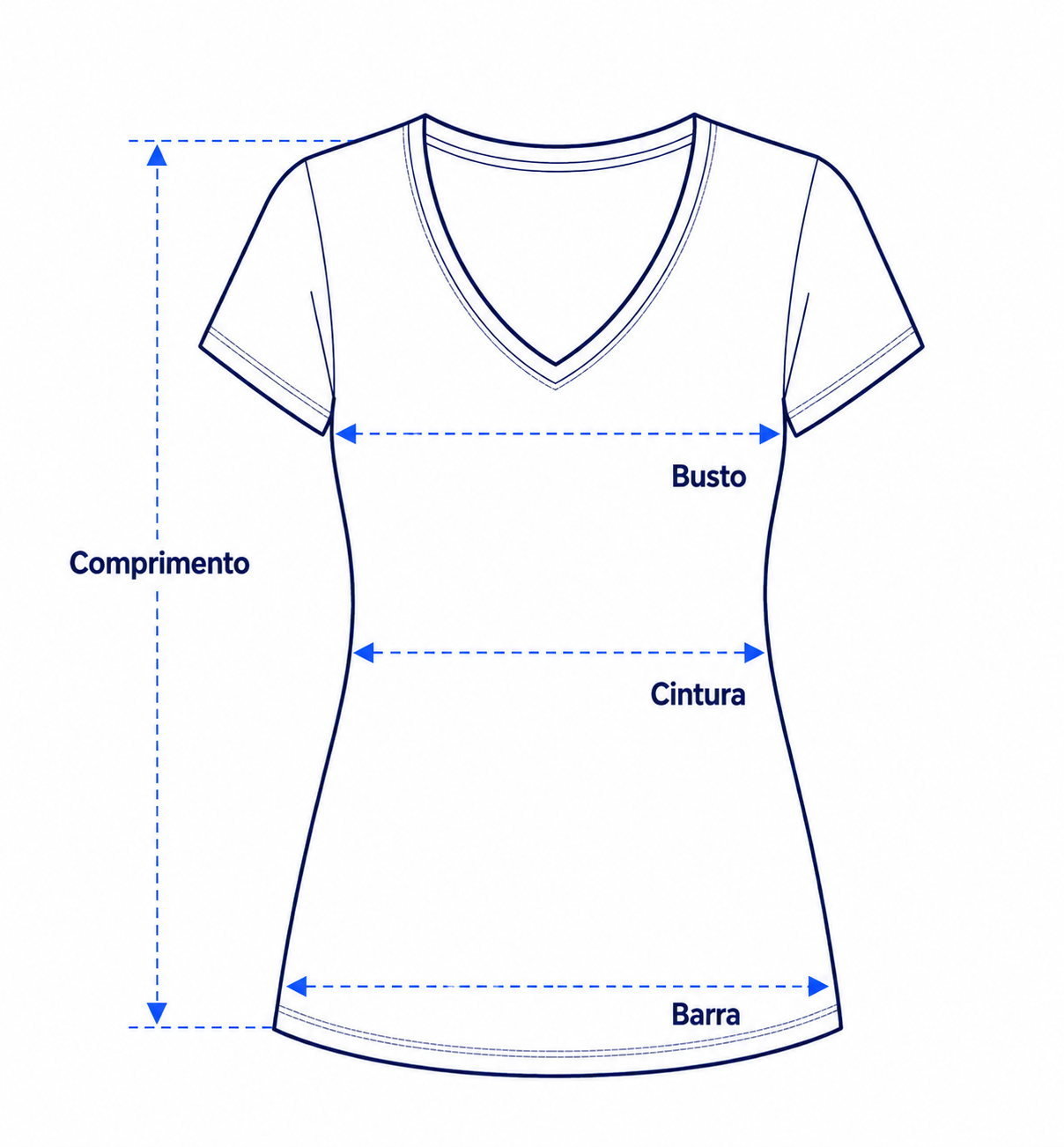 Camiseta Baby Look feminina em azul-marinho, apresentada em desenho técnico frontal com linhas indicativas das medidas de comprimento, busto, cintura e barra, seguindo a identidade visual da Acrijur.