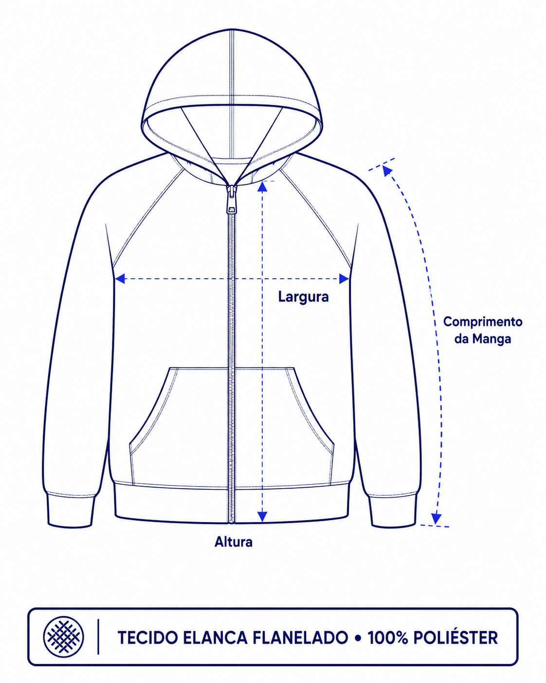 Desenho técnico frontal de um casaco infantil modelo raglan, em traço azul-marinho, com capuz, zíper frontal, bolsos e punhos, acompanhado de linhas de medida indicando largura, altura e comprimento da manga.