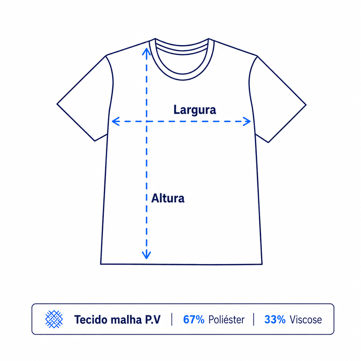Ilustração explicando como medir uma camiseta infantil. A largura corresponde à medida horizontal do peito, de uma lateral à outra, e a altura é medida do ponto mais alto da gola até a barra da peça. Também é apresentada a composição do tecido em malha PV: 67% poliéster e 33% viscose.