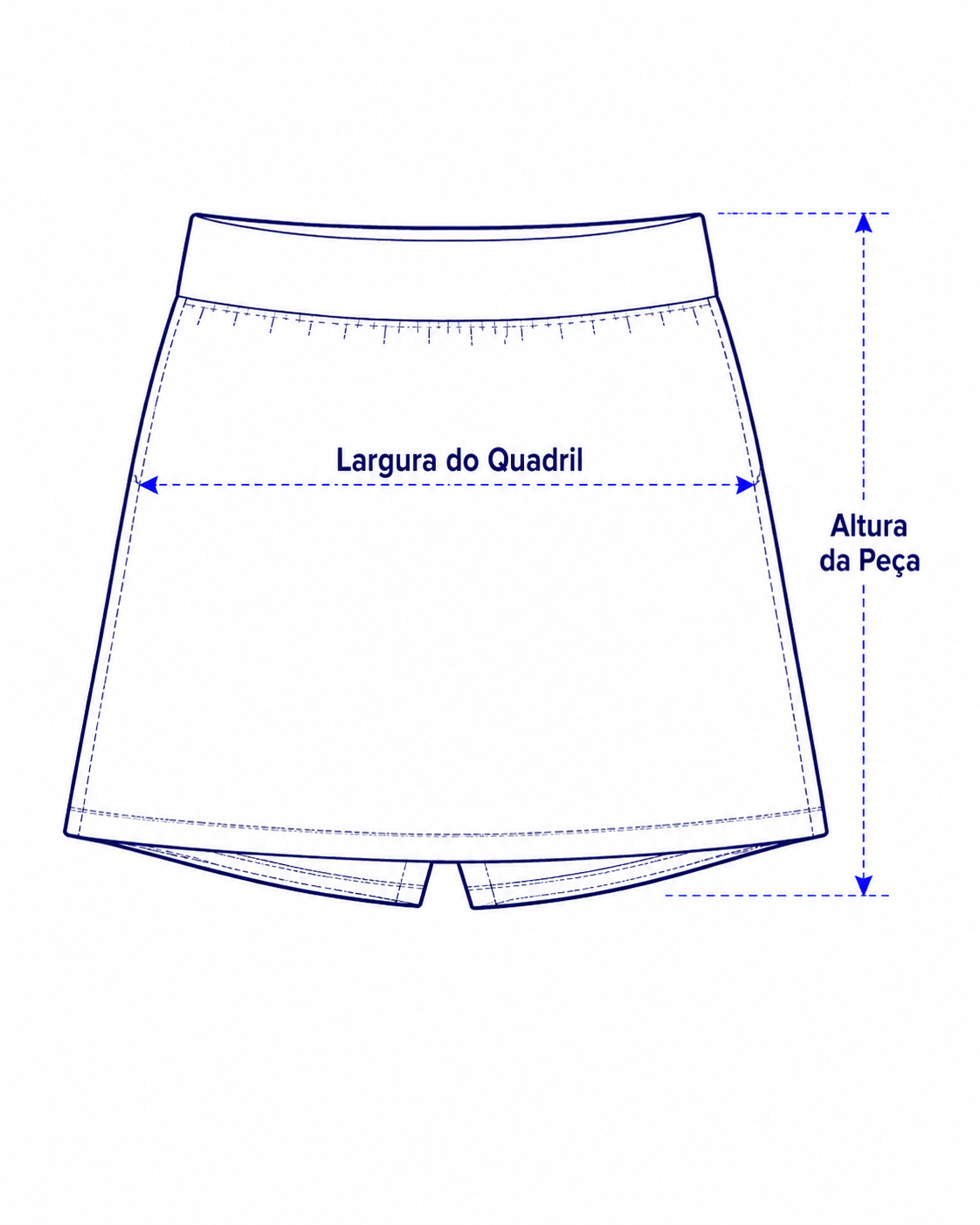 Desenho técnico de um short saia lisa reta, em azul-marinho, com indicação das medidas de largura do quadril e altura da peça.