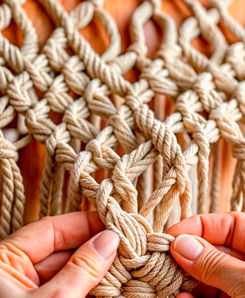 Detalle de macram&eacute; sobre denim