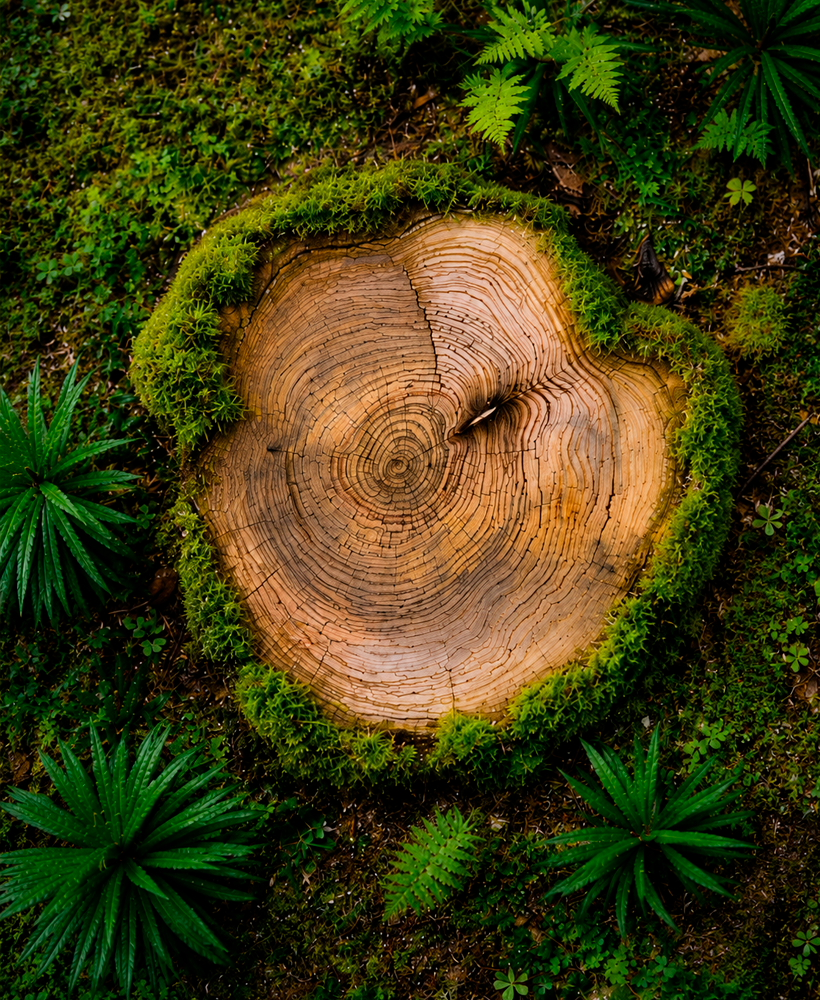 Tree rings framed by moss and ferns