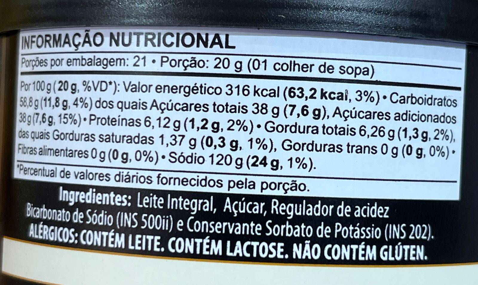 Tabela Nutricional Doce de Leite Tradicional