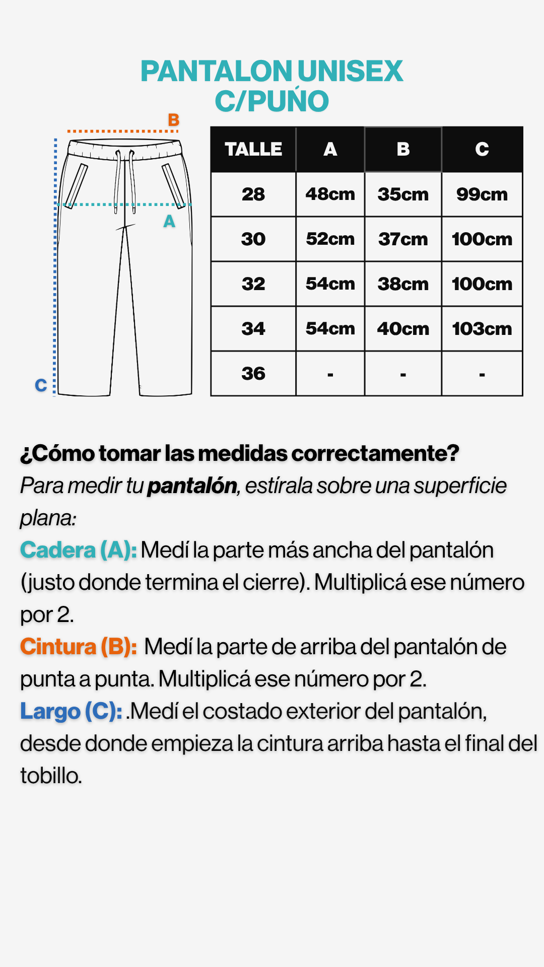 Guía de talles - Pantalón desmontable c/puño