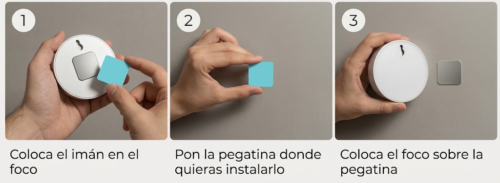 Tres pasos de instalaci&oacute;n: colocar el im&aacute;n en el foco, pegar la base adhesiva en la pared y apoyar el foco sobre ella.