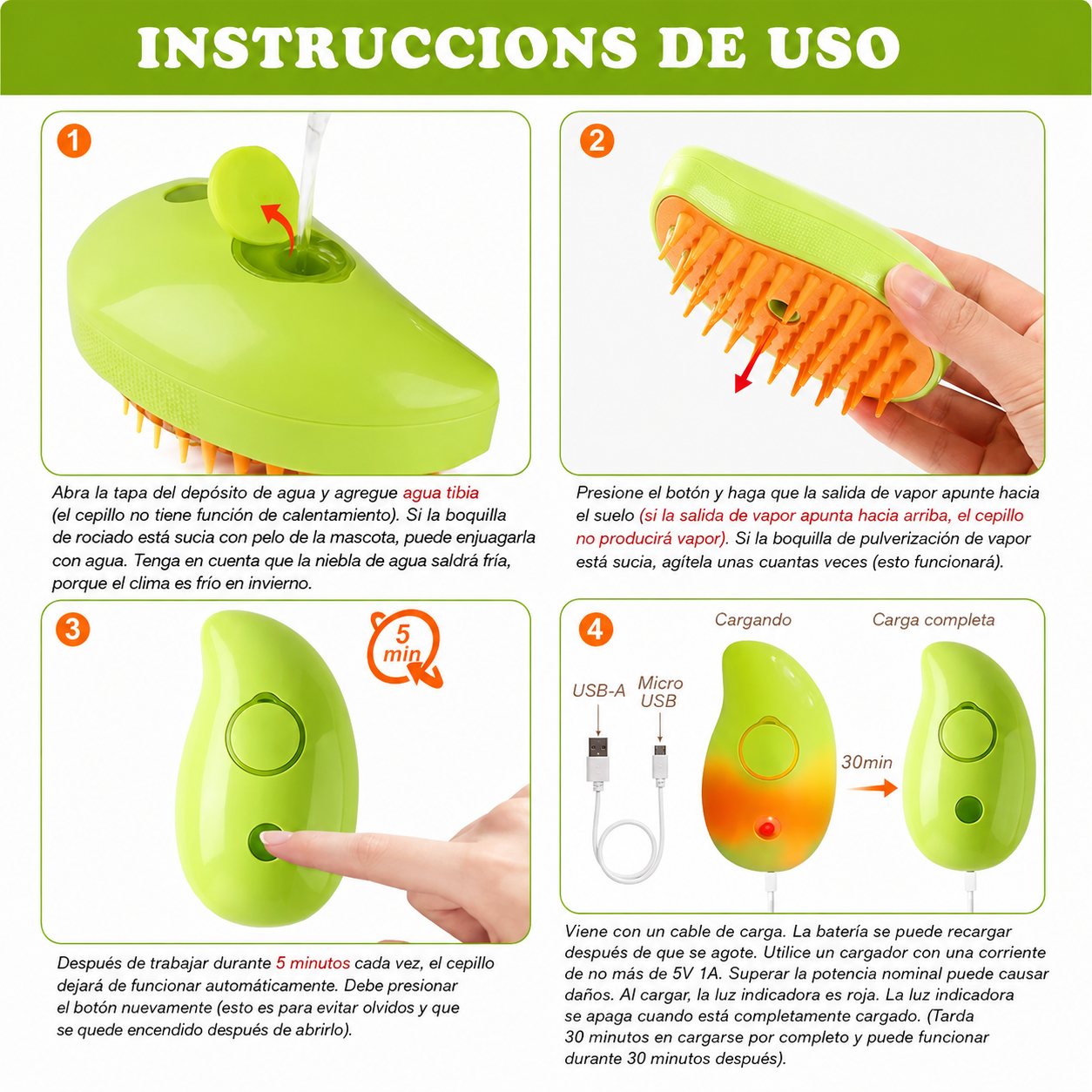 Instrucciones de uso del cepillo Pet Brush