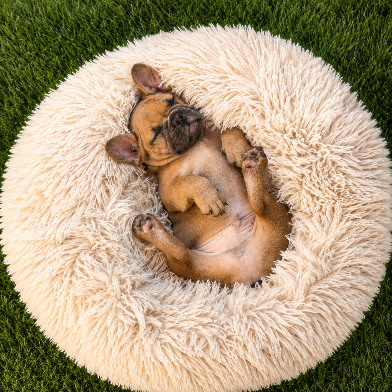 Perro feliz y descansando en su cama nido