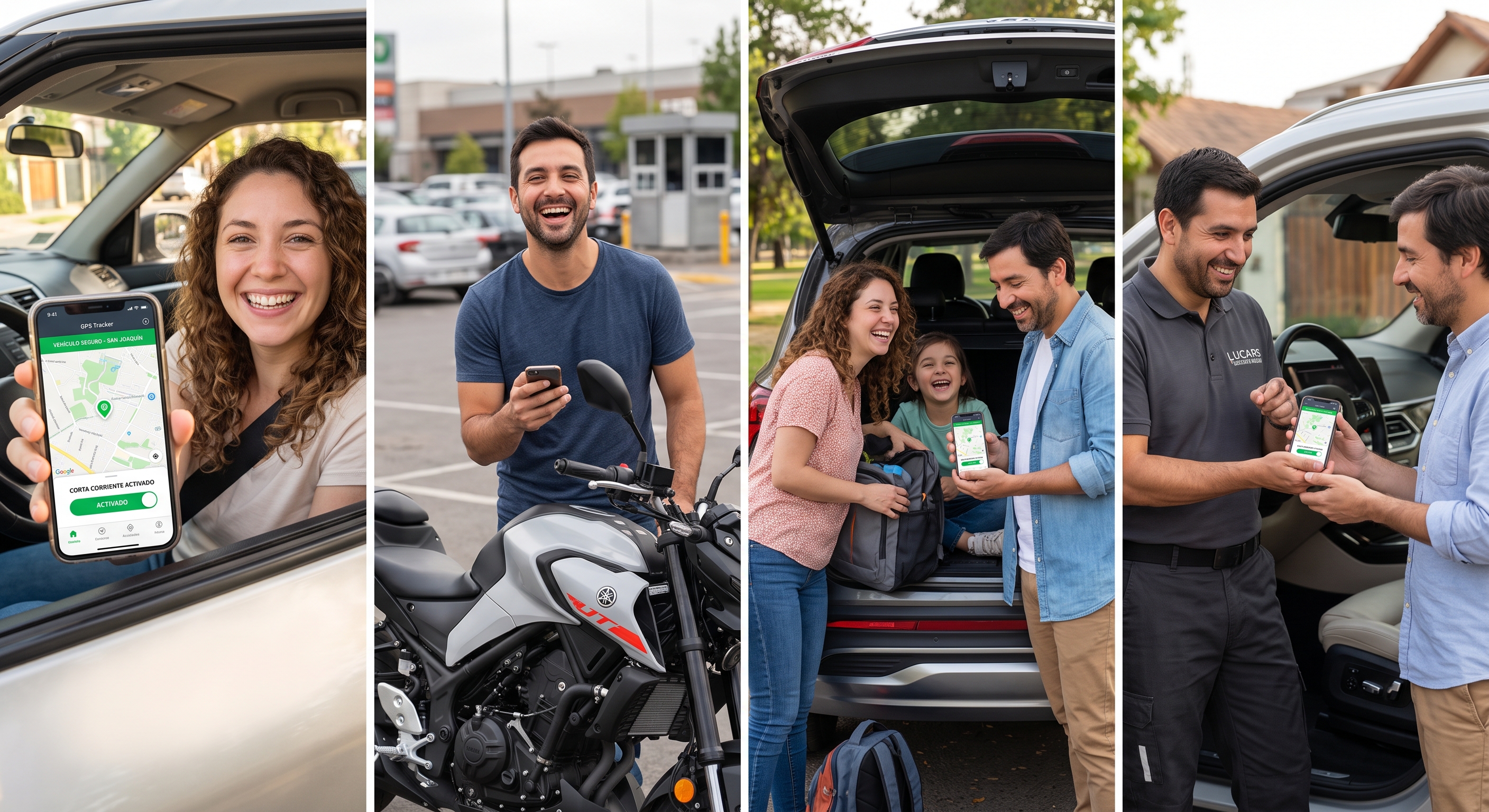 Cliente feliz mostrando App GPS Corta Corriente en teléfono