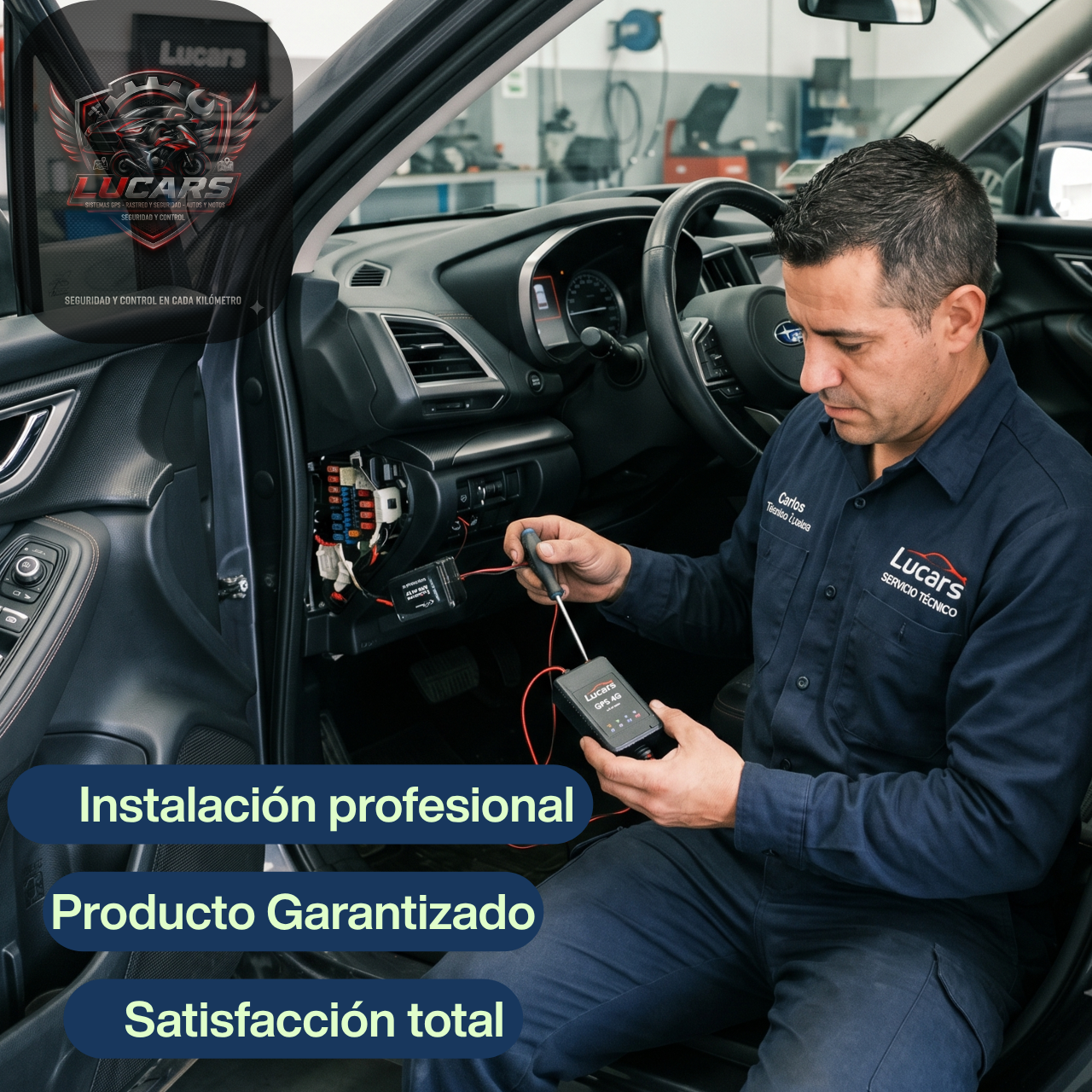 Usuario en vehículo seguro apagando motor con celular Lucars