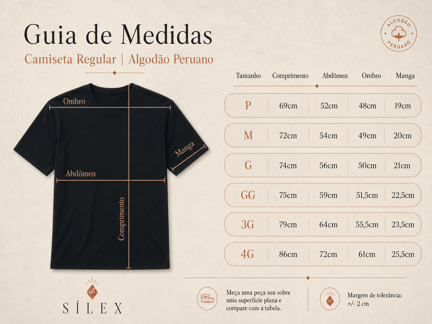 Guia visual de medidas — Camiseta Regular — Algodão Peruano Tangüis