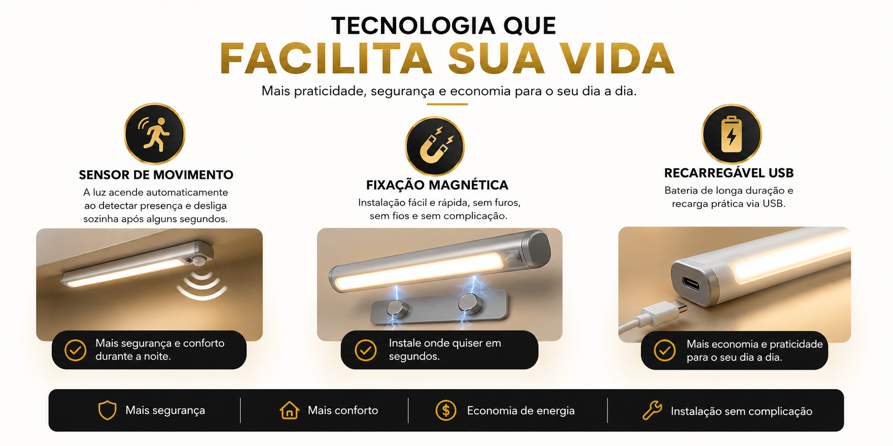 Sensor de movimento, fixa&ccedil;&atilde;o magn&eacute;tica e bateria recarreg&aacute;vel USB