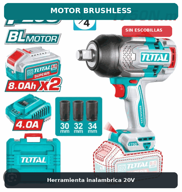 Llave de impacto TOTAL P20S 20V Brushless de 1750 N&middot;m, potencia profesional para trabajos exigentes.