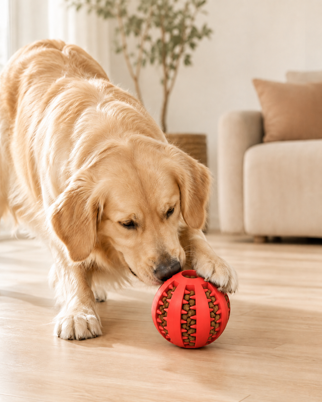 Perro jugando con la pelota dispensadora de snacks