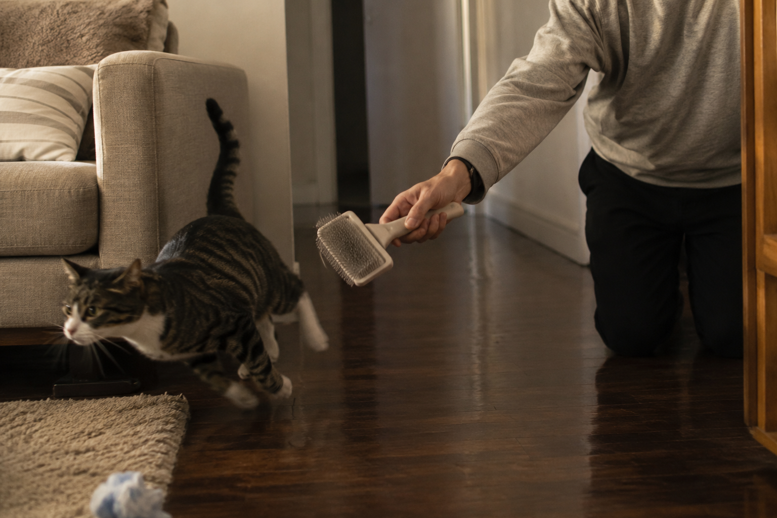 Gato escap&aacute;ndose mientras lo intentan cepillar