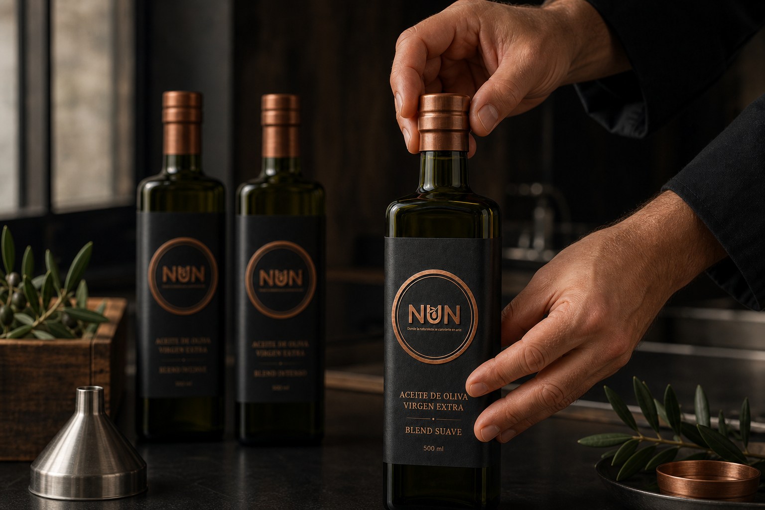 Proceso artesanal de elaboración y embotellado del aceite NUN