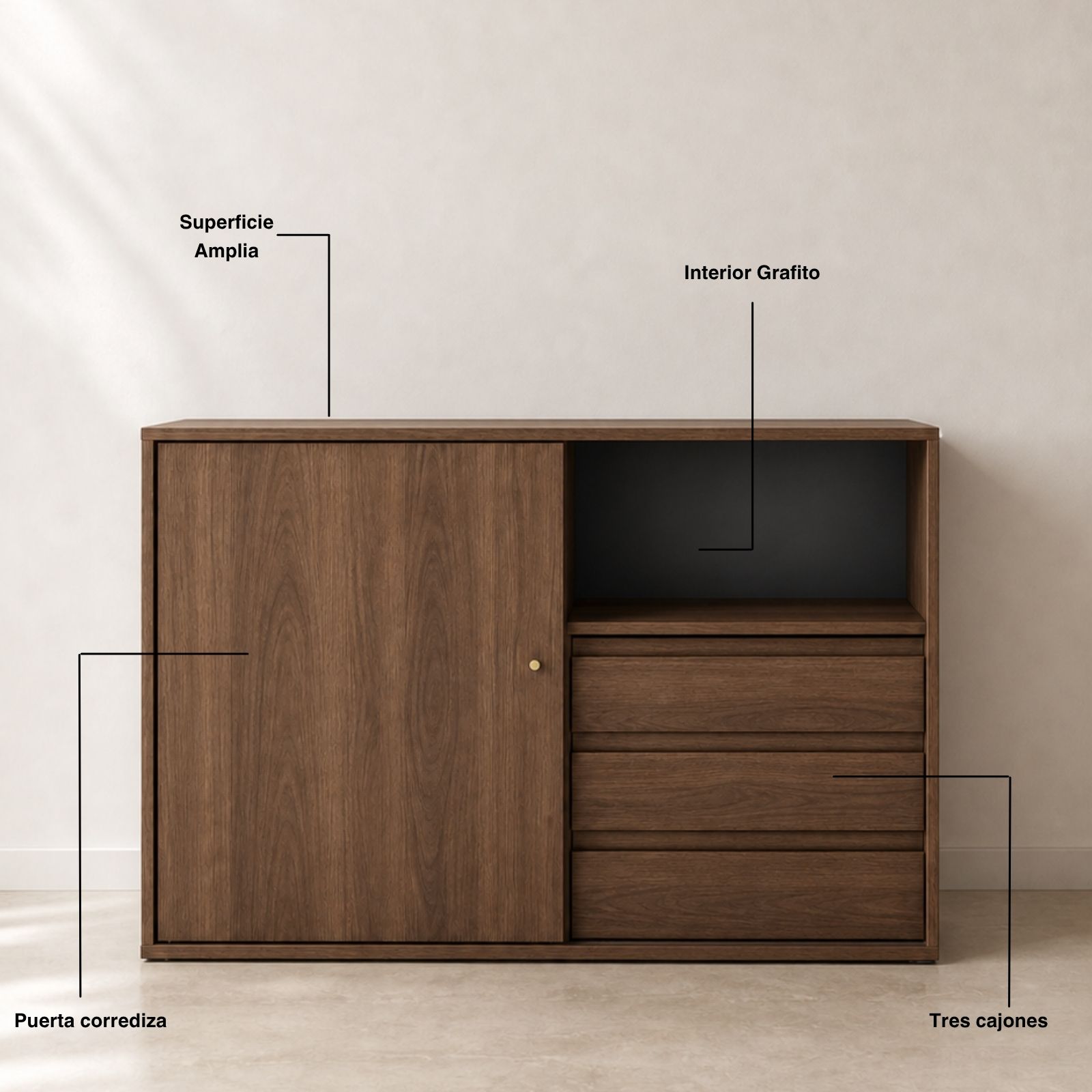Detalles del mueble cafetero Ritual: superficie amplia, interior grafito, puerta corrediza y tres cajones