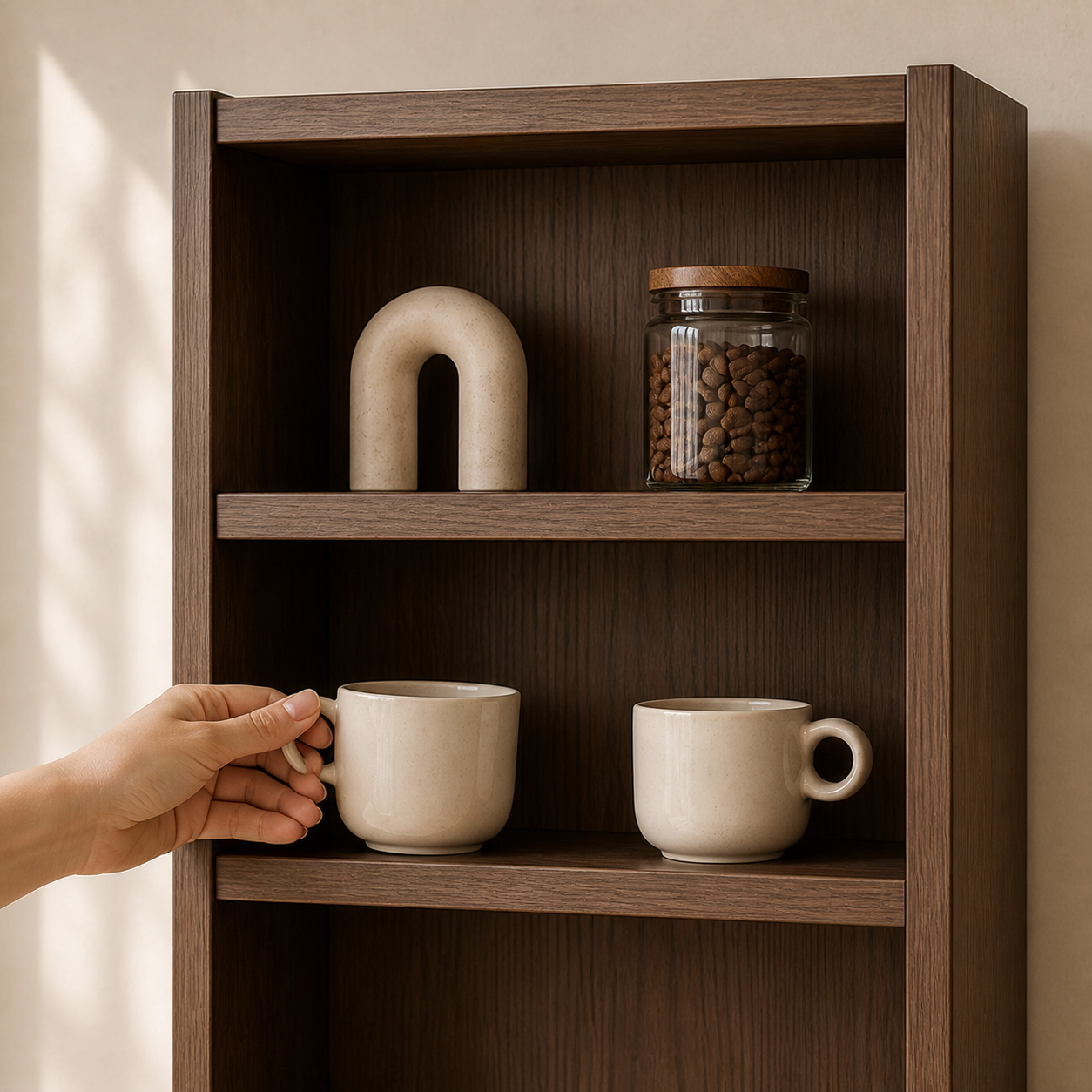 Detalle de los dos estantes del Coffee Corner Mini con tazas y caf&eacute;