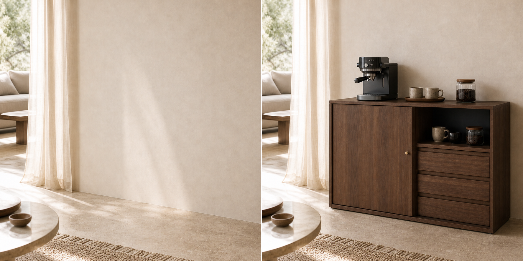 Rinc&oacute;n vac&iacute;o y el mismo espacio transformado con el mueble cafetero Ritual
