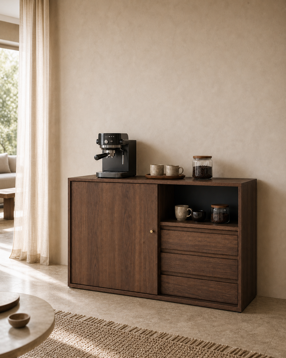 Mueble cafetero Ritual ambientado como estaci&oacute;n de caf&eacute;