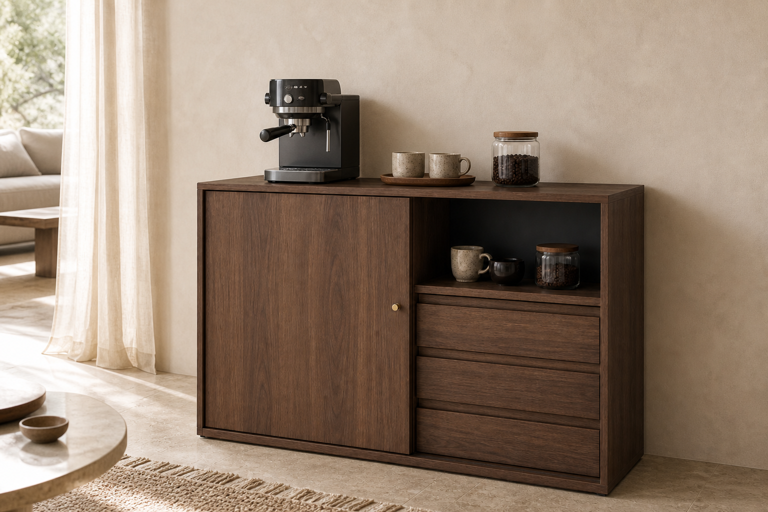 Mueble cafetero Ritual ambientado como estaci&oacute;n de caf&eacute;