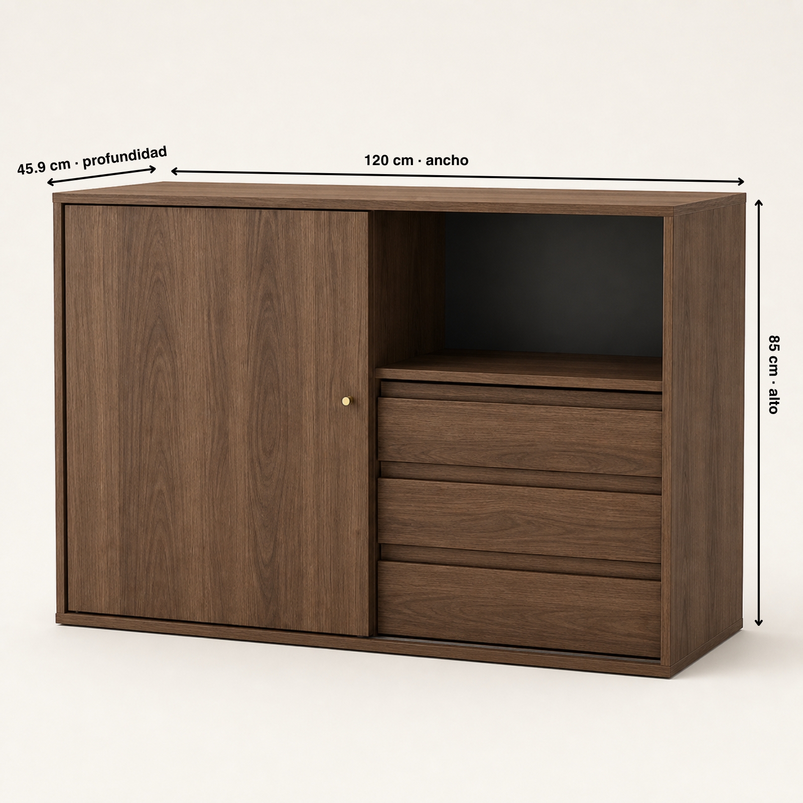 Medidas exteriores del mueble cafetero Ritual: 120 cm de ancho, 85 cm de alto y 45,9 cm de profundidad