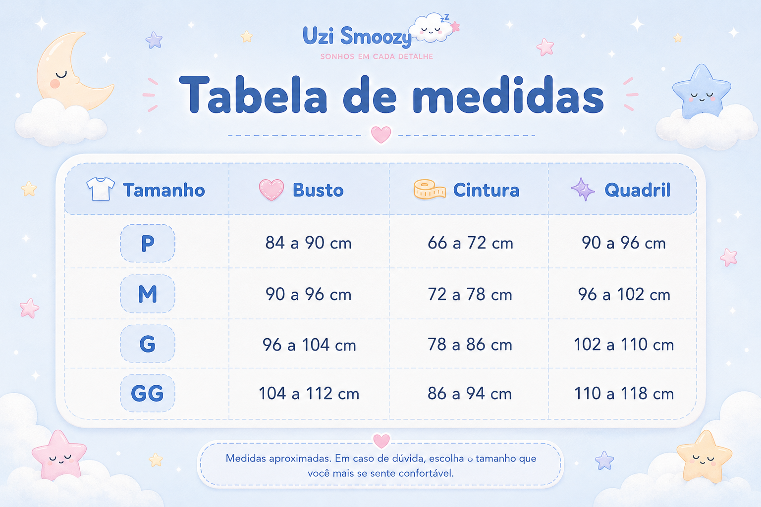 Tabela de medidas dos pijamas Uzi Smoozy