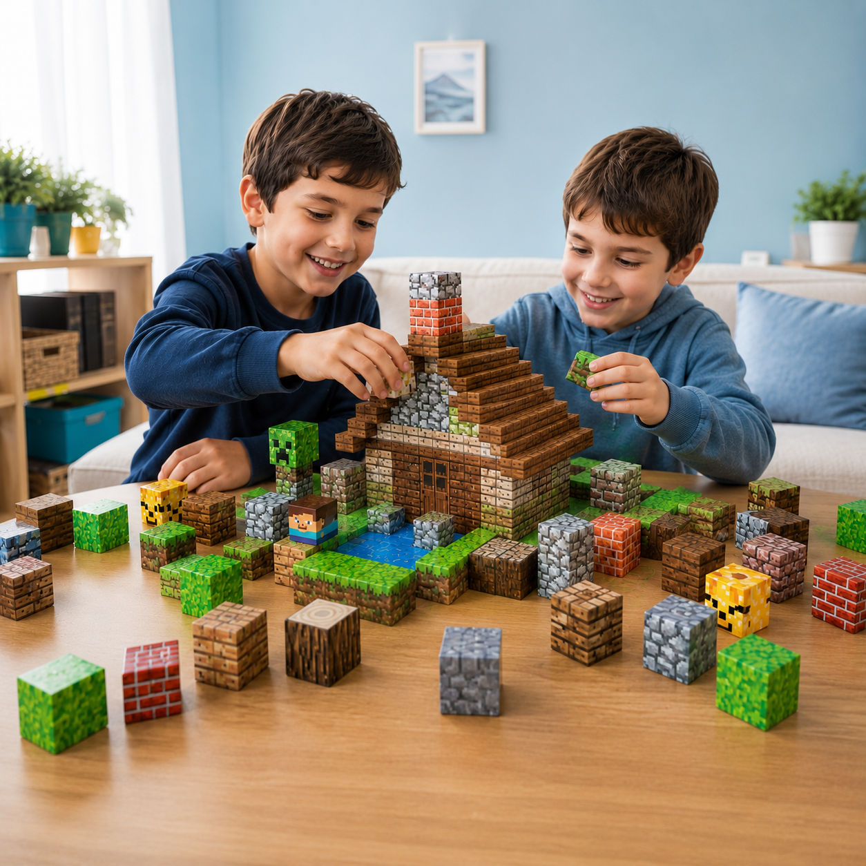 Hermanos jugando con los bloques de Minecraft