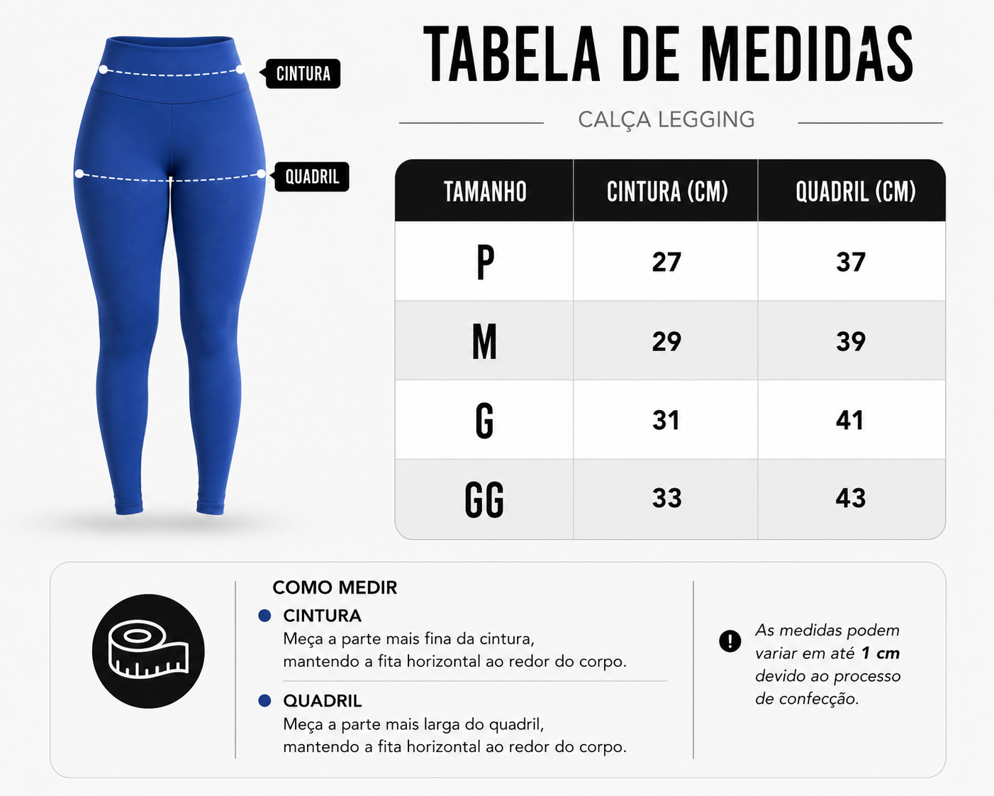 Tabela de Medidas Legging Gult Active