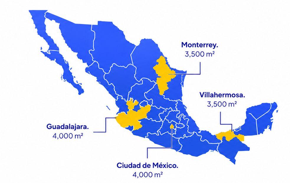 Mapa de México con almacenes en Monterrey, Guadalajara, Ciudad de México y Villahermosa