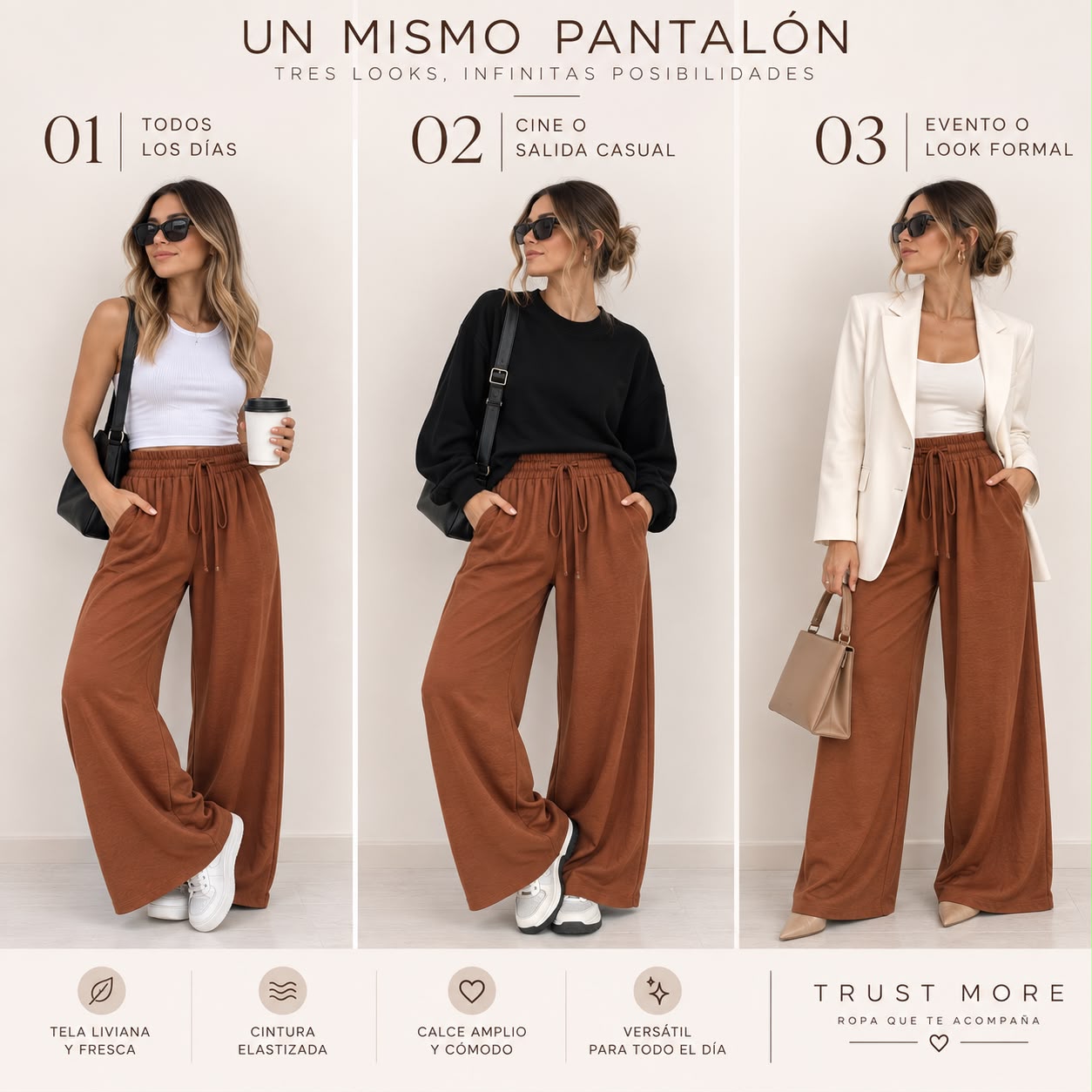 Tres maneras de combinar el palazzo Trust More