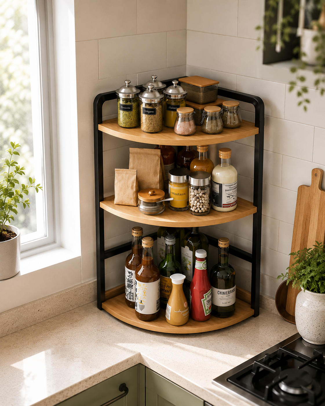 Organizador esquinero de cocina de 3 estantes