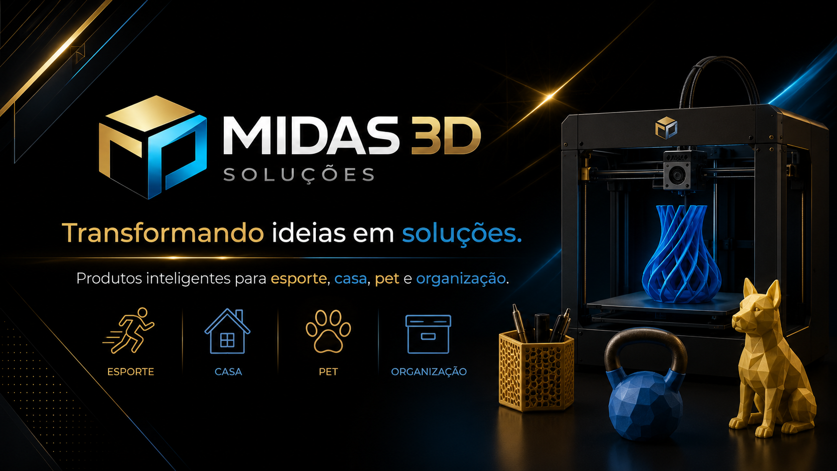 Imagem institucional da MIDAS 3D Soluções com impressora 3D e produtos para esporte, casa, pet e organização