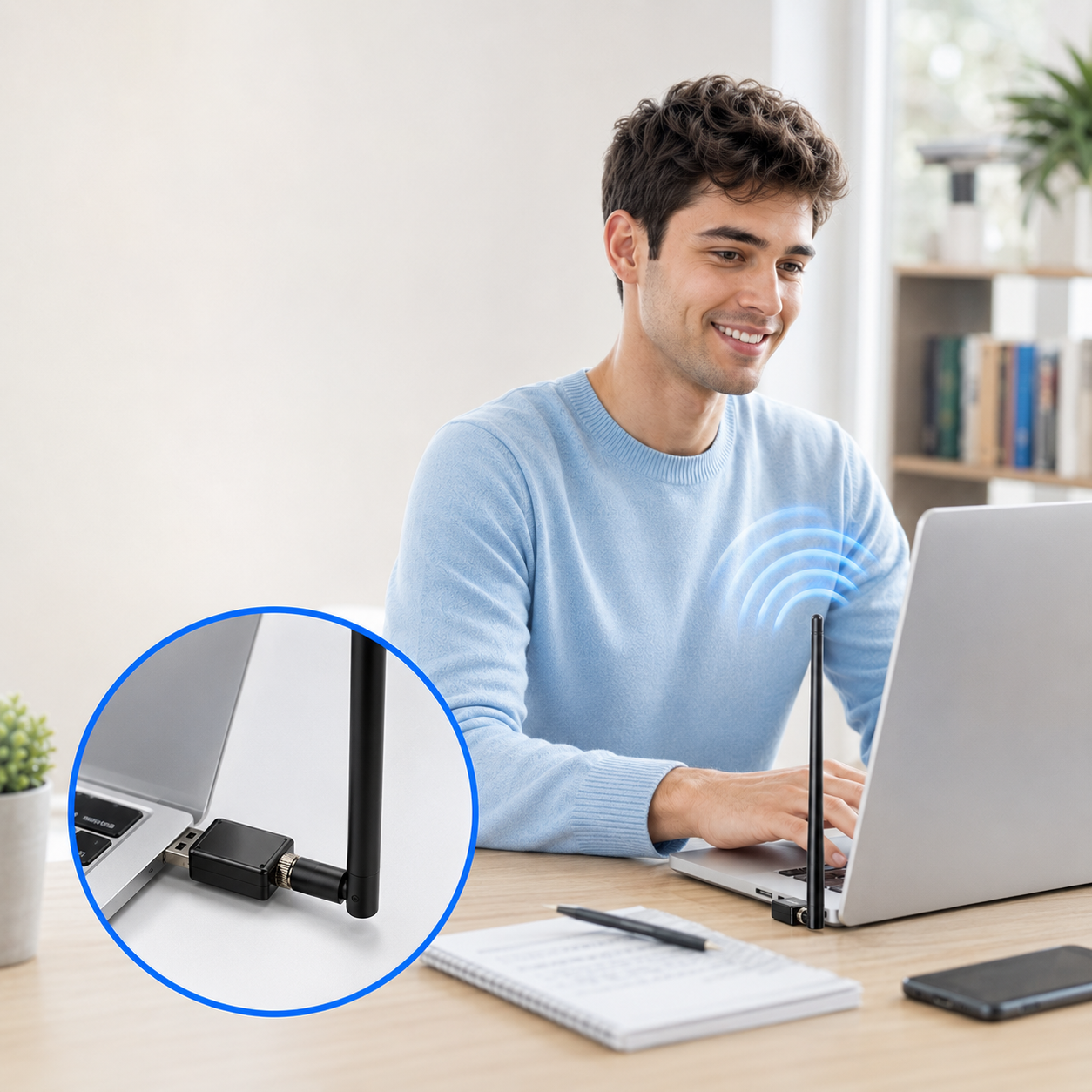 Adaptador WiFi NG-UW02 conectado a una computadora