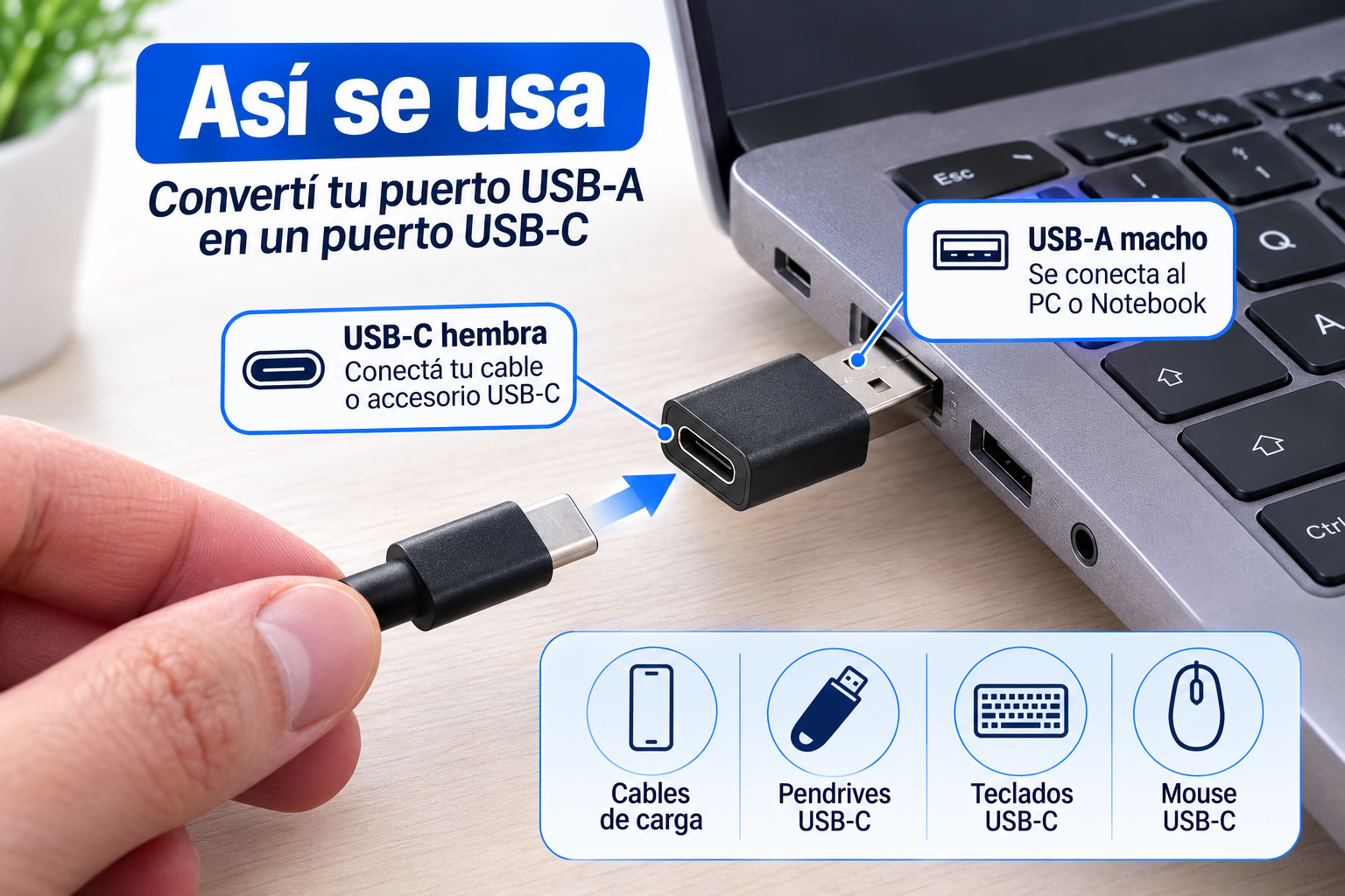 Adaptador USB-C hembra a USB-A macho conectado en uso real