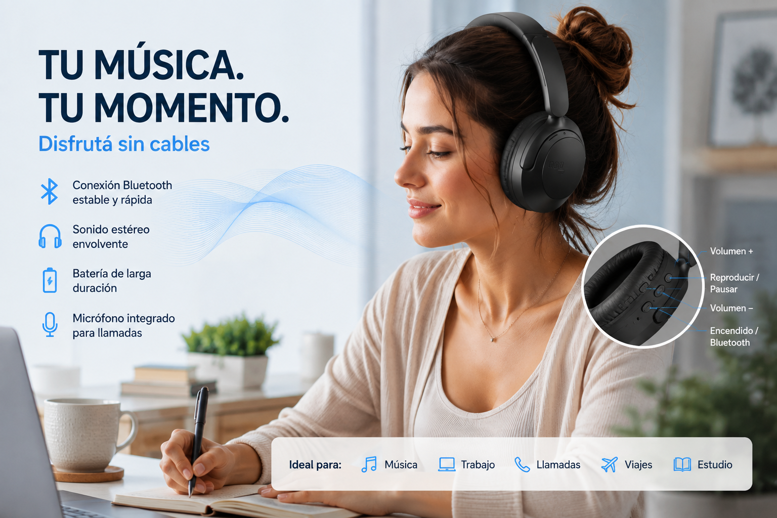 Persona usando auriculares QCY H2 Pro con notebook y celular