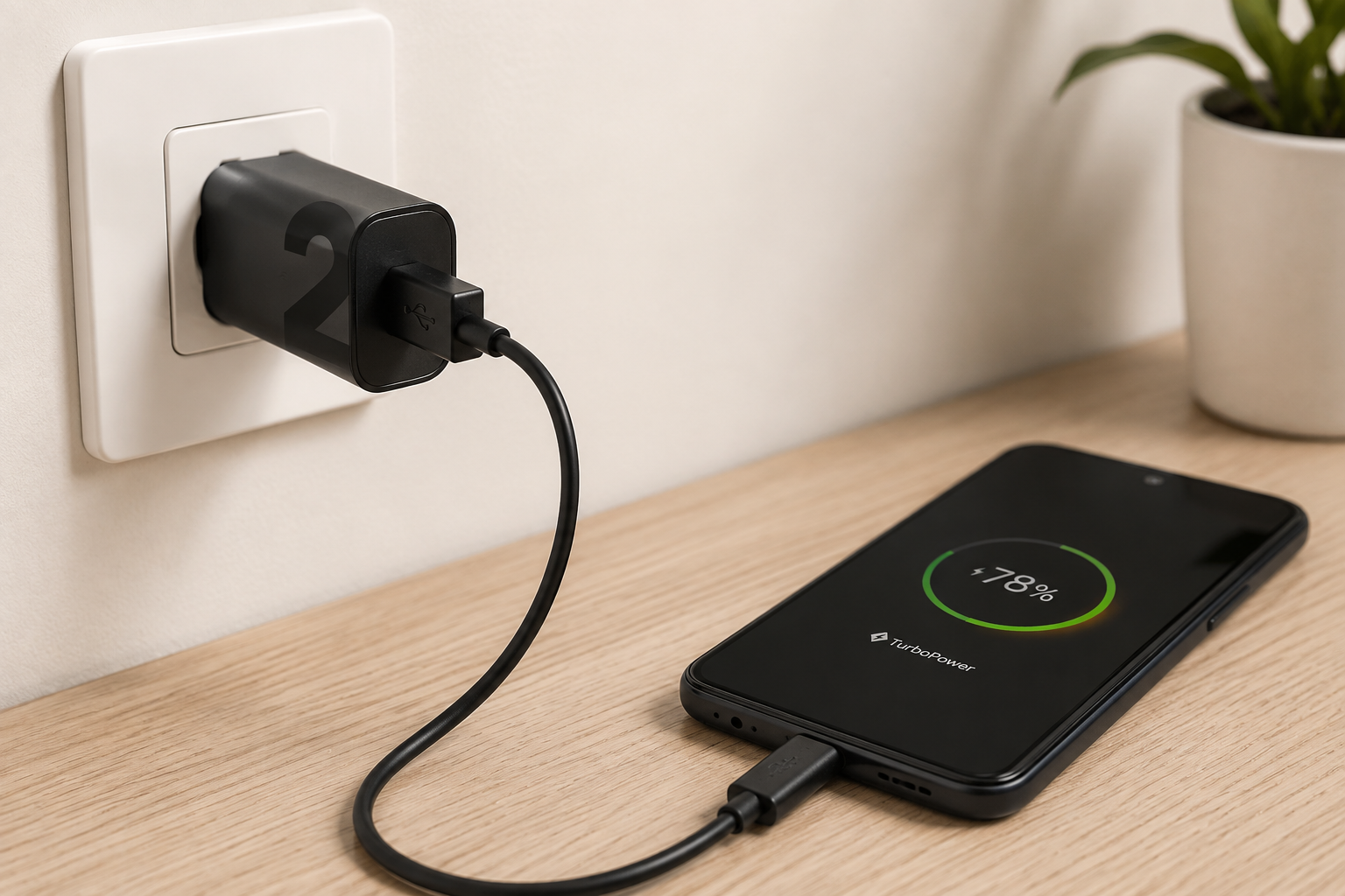 Cargador Motorola TurboPower conectado a un celular mediante cable USB-A a USB-C