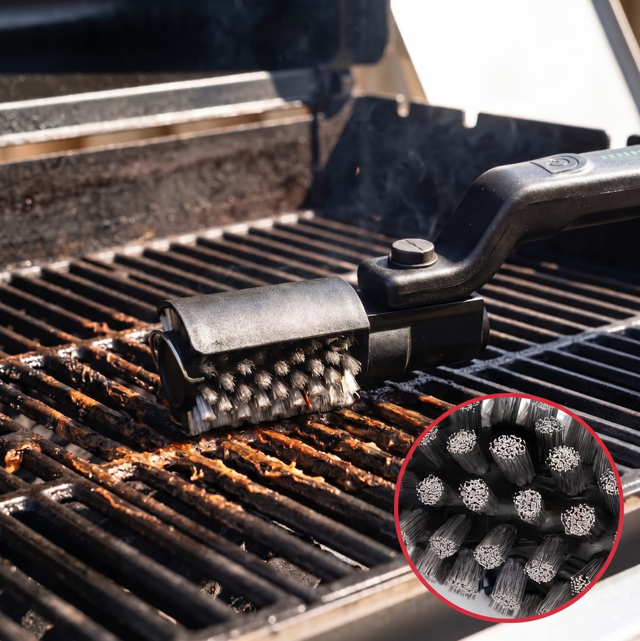 Cepillo El&eacute;ctrico Brenor en acci&oacute;n, cabezal articulado limpiando la parrilla