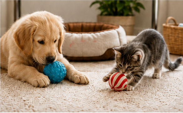 Perro y gato jugando con productos Exlin
