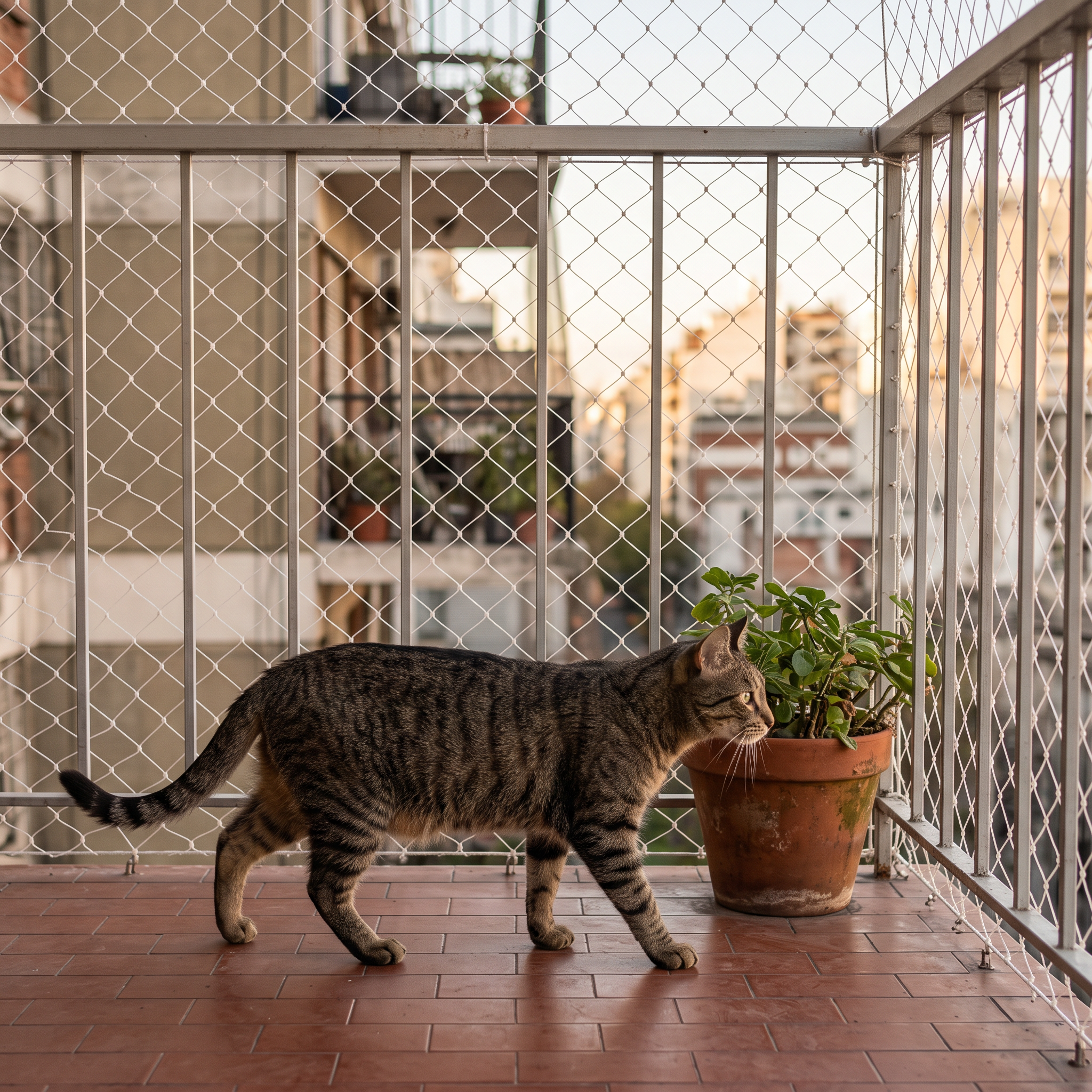 Gato en un balc&oacute;n protegido con una red romboidal