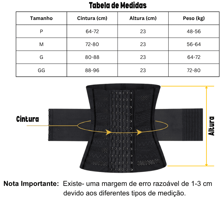Tabela de medidas da Cinta Bella Lux