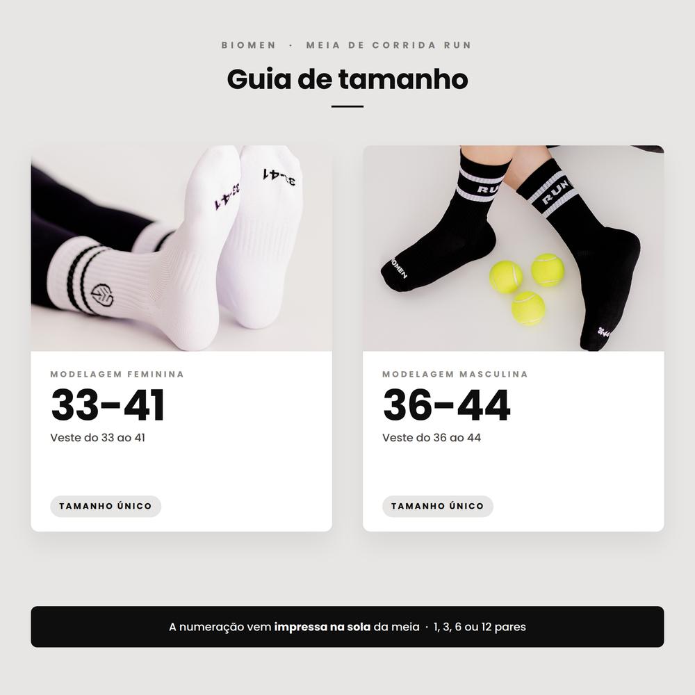 Guia de tamanho da Meia de Corrida RUN Biomen: feminina veste do 33 ao 41 e masculina do 36 ao 44