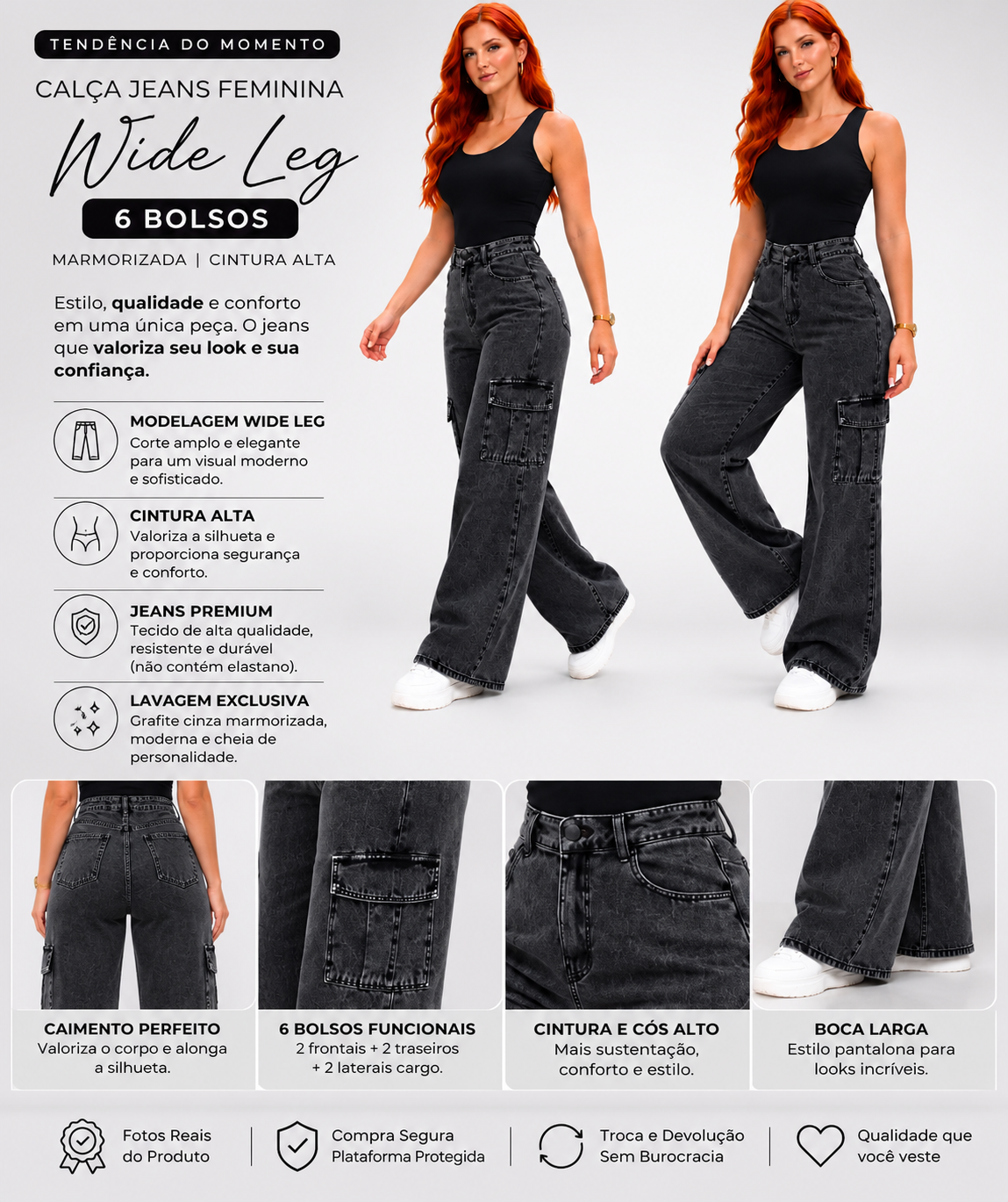 Cal&ccedil;a Jeans Feminina Cargo Wide Leg Marmorizada Preta Pantalona