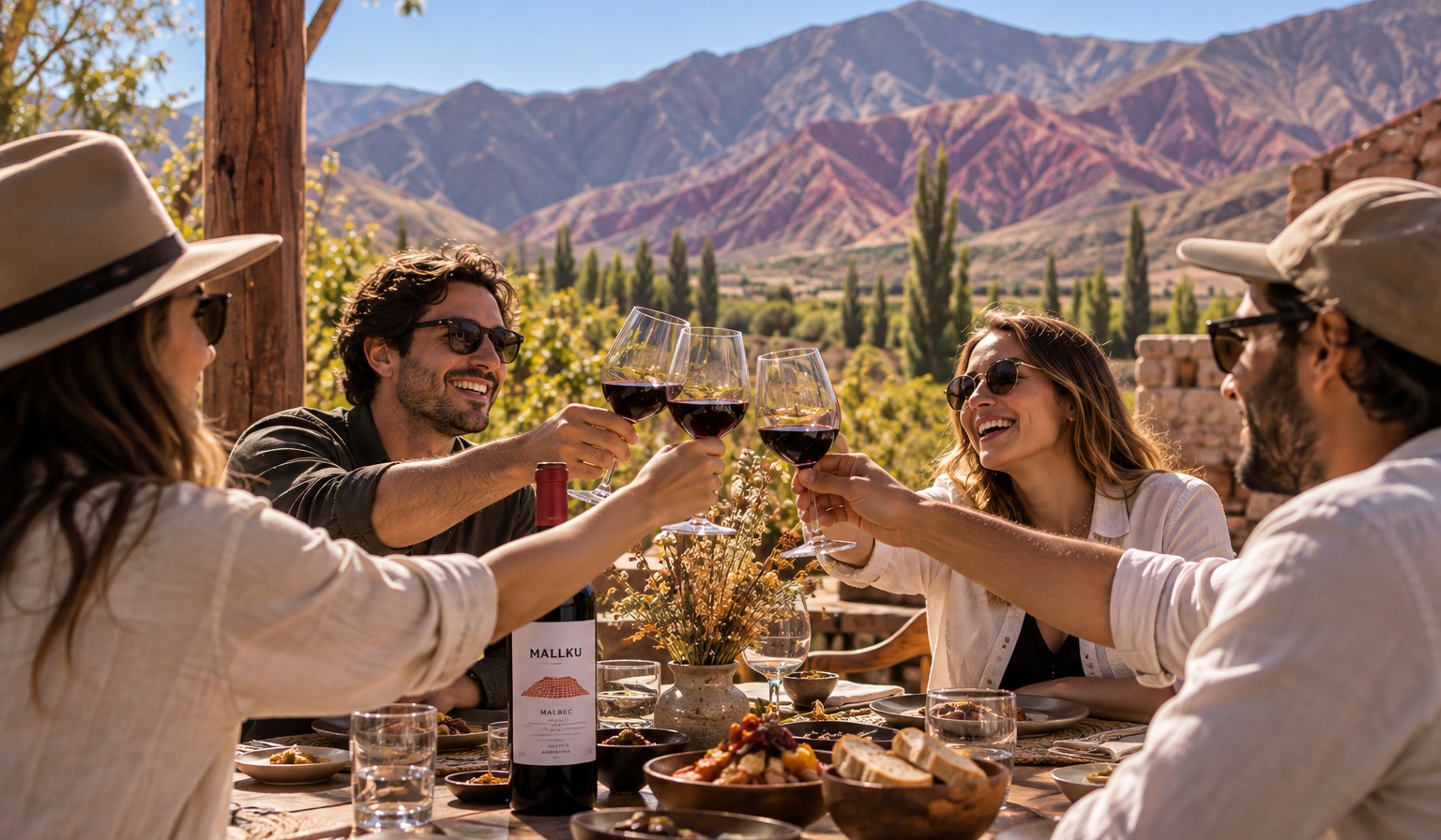 Amigos brindando con Mallku Malbec frente a los cerros de Purmamarca
