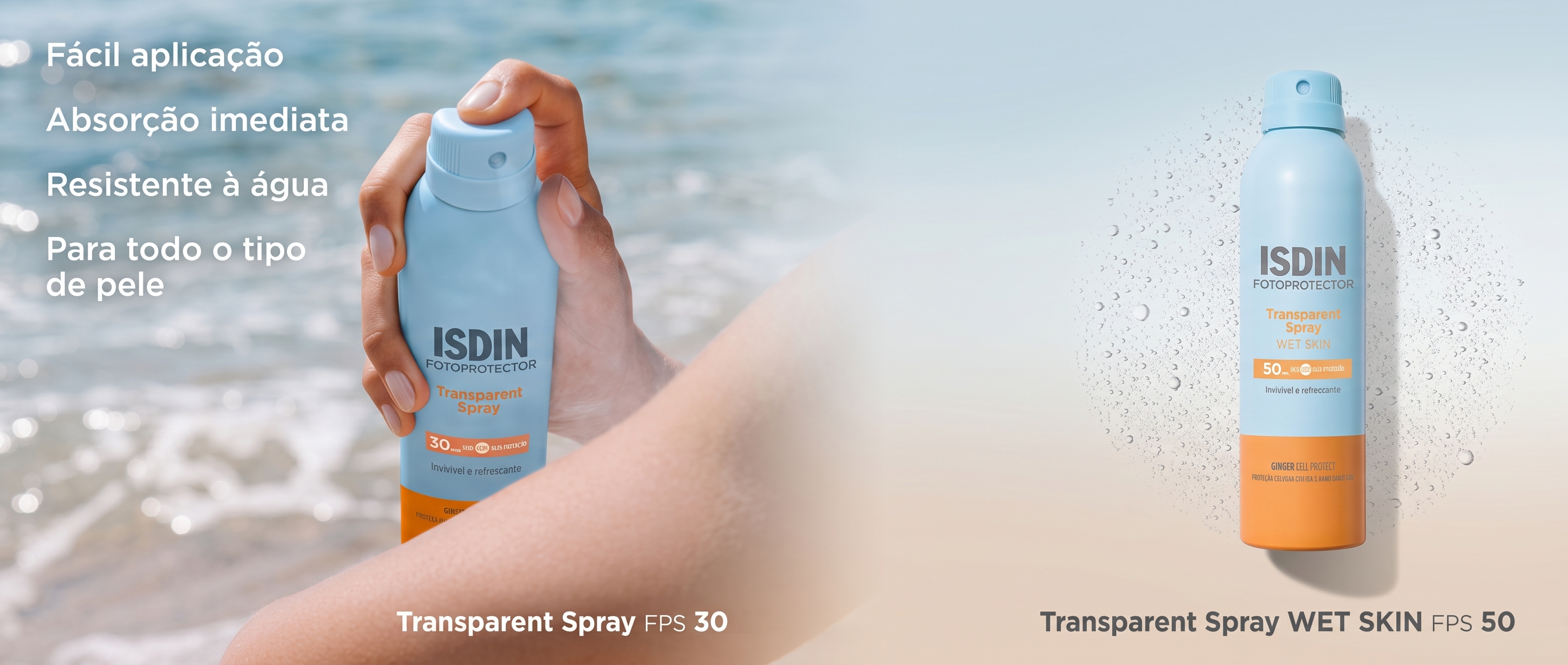 R&oacute;tulo de tr&aacute;s do protetor solar ISDIN Transparent Spray Wet Skin FPS 50, com modo de uso e advert&ecirc;ncias