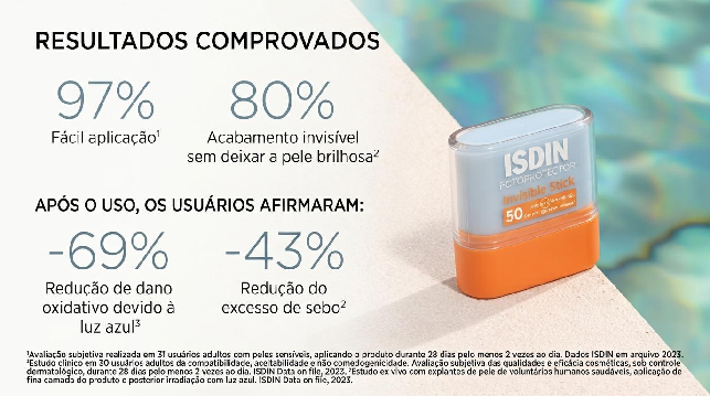 Arte da ISDIN com os resultados divulgados do Invisible Stick FPS 50