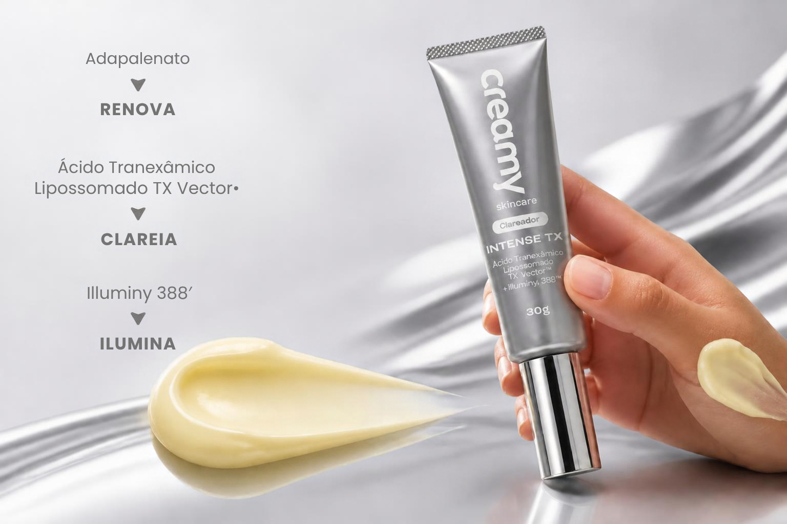 Bisnaga do Creamy Intense TX na mão, com os três ativos da fórmula
