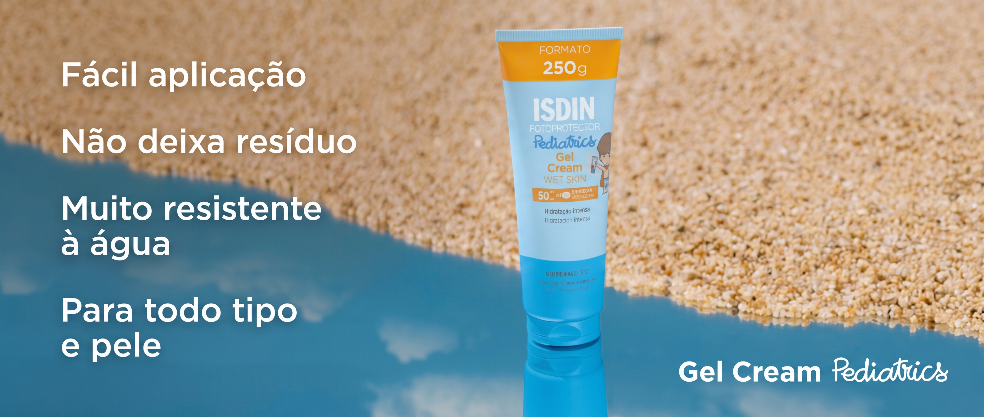 Embalagem do ISDIN Gel Cream Pediatrics FPS 50 com quantidade, modo de uso, precauções e composição
