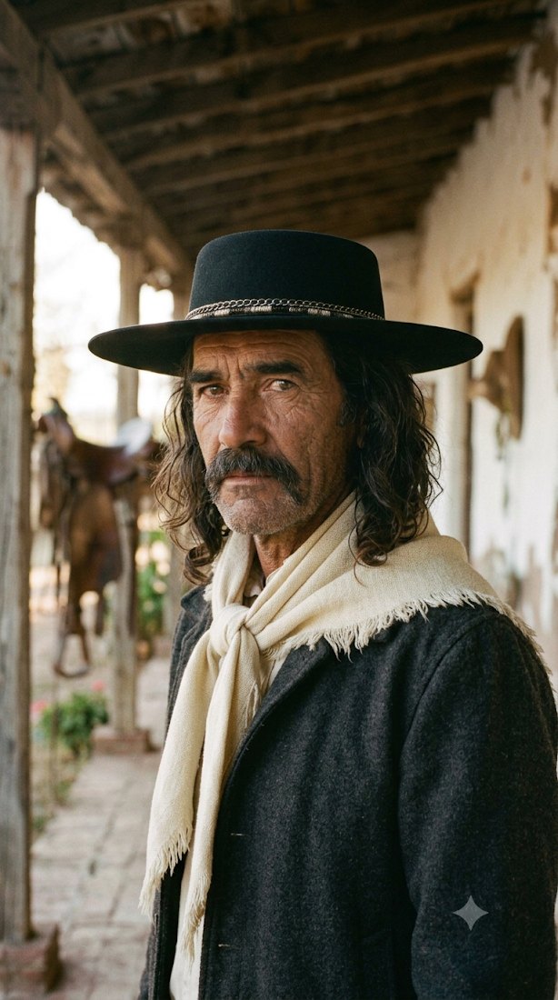 Don Mate, el gaucho de la leyenda, en la galería de un rancho